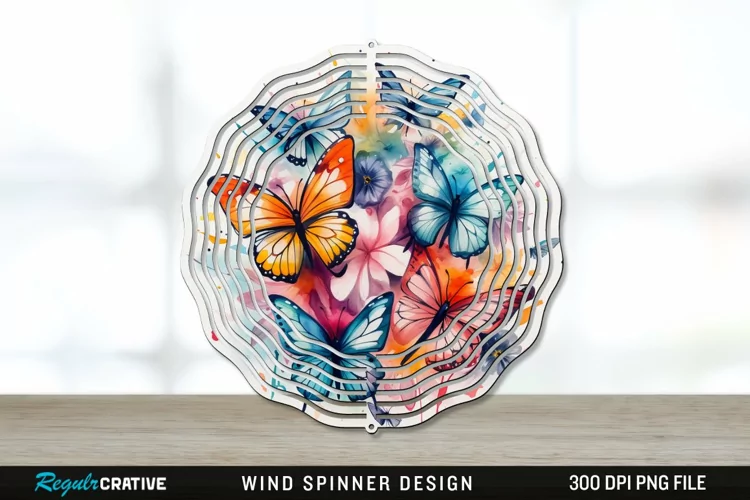 Watercolor Floral Butterflies Wind Spinner Sublimation PNG