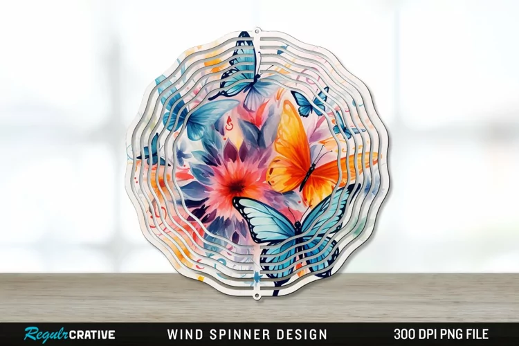 Watercolor Floral Butterflies Wind Spinner Sublimation PNG