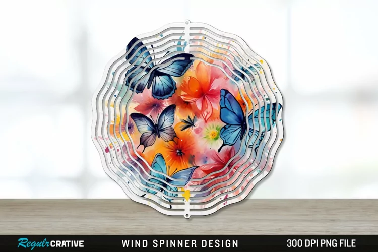 Watercolor Floral Butterflies Wind Spinner Sublimation PNG