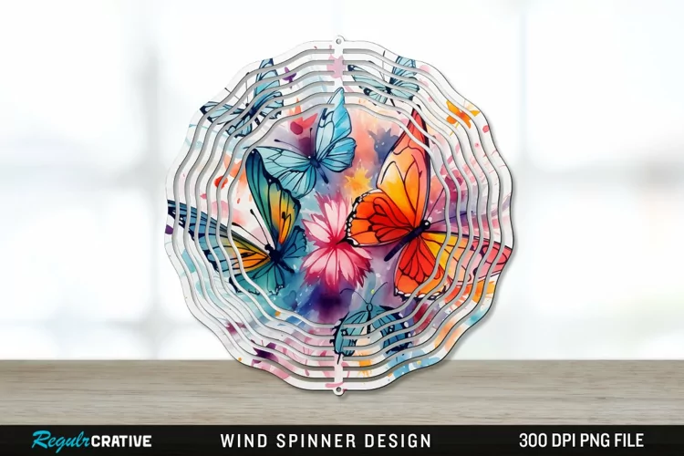 Watercolor Floral Butterflies Wind Spinner Sublimation PNG
