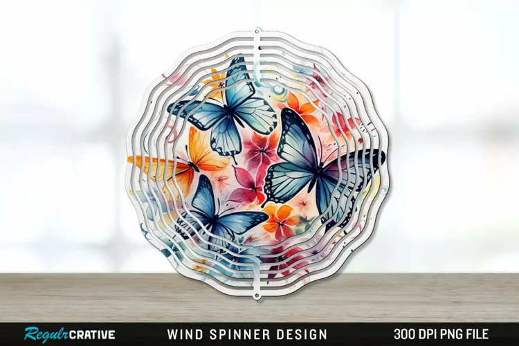 Watercolor Floral Butterflies Wind Spinner Sublimation PNG