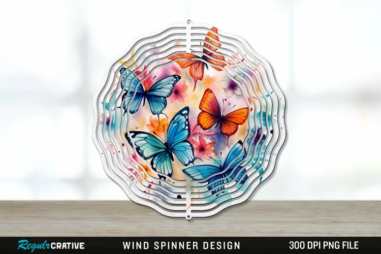 Watercolor Floral Butterflies Wind Spinner Sublimation PNG