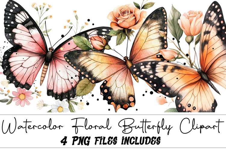 Watercolor Floral Butterfly Clipart