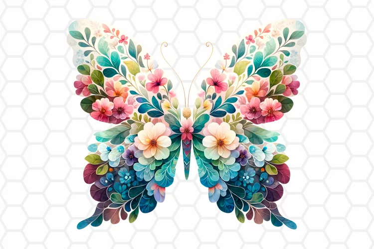 Watercolor Floral Butterfly Clipart, Sublimation PNG