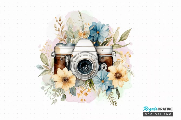 Watercolor Floral Camera Sublimation PNG