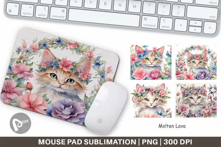 Mouse Pad Watercolor Floral Cat