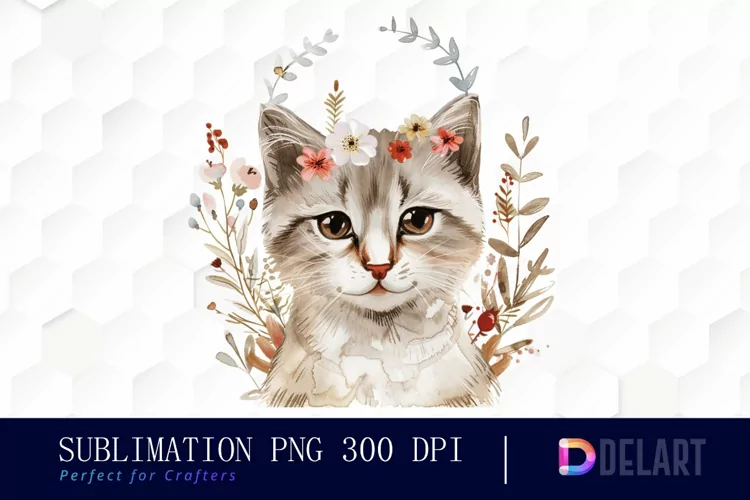 Floral Cat Illustration Clipart