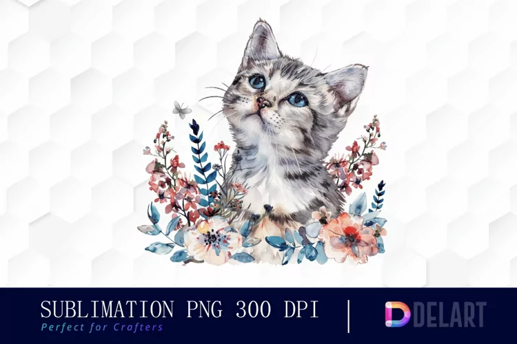Floral Cat Illustration Clipart