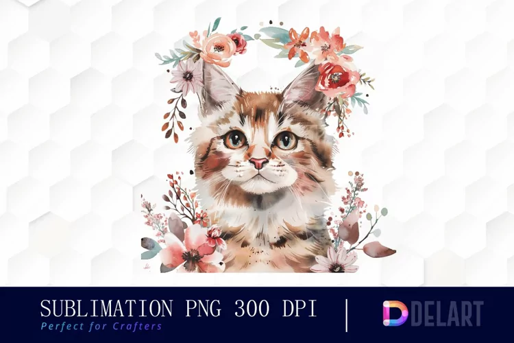 Floral Cat Illustration Clipart