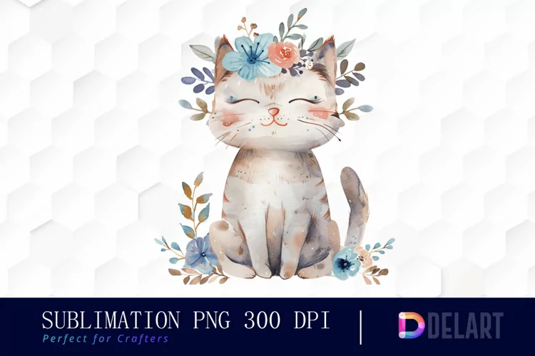 Floral Cat Sublimation PNG Clipart