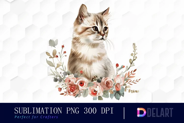 Floral Cat Illustration Clipart