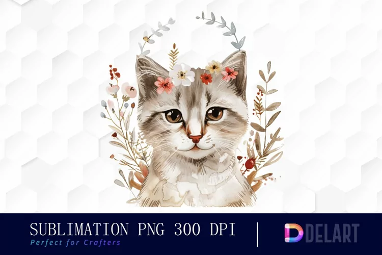 Floral Cat Illustration Clipart