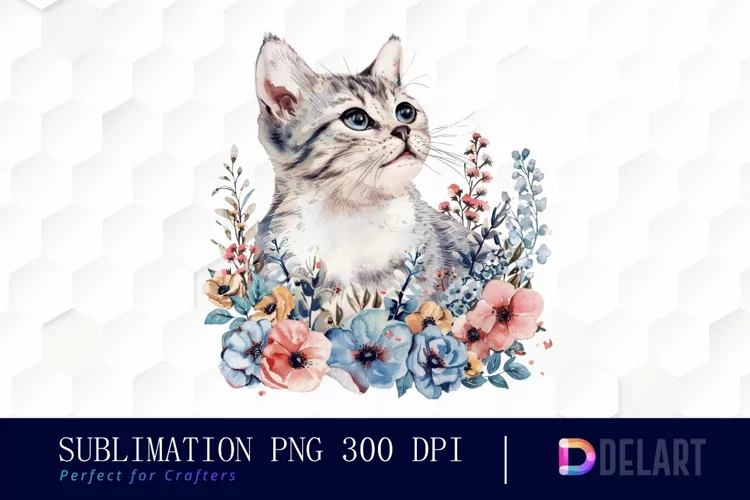 Floral Cat Sublimation PNG Clipart