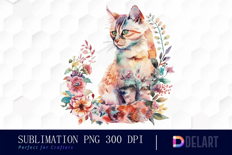 Floral Cat Sublimation PNG Clipart