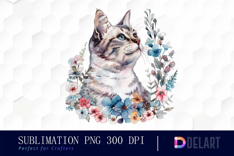 Floral Cat Sublimation PNG Clipart
