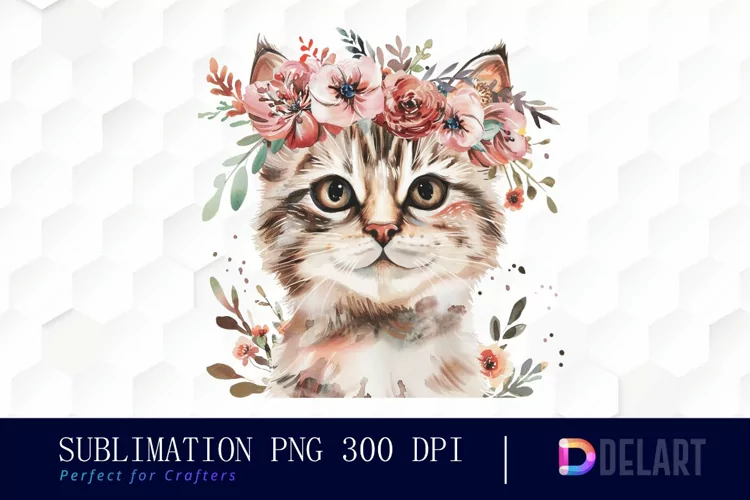 Floral Cat Sublimation PNG Clipart