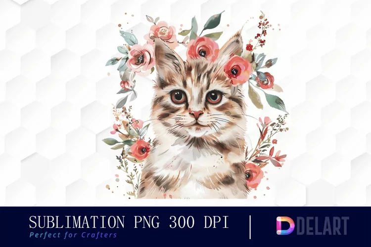 Floral Cat Sublimation PNG Clipart