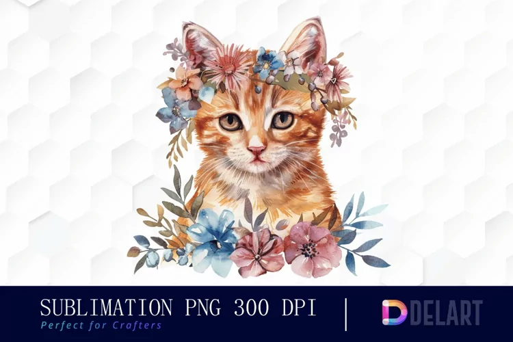 Floral Cat Sublimation PNG Clipart