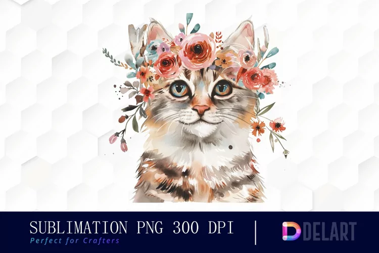Floral Cat Illustration Clipart