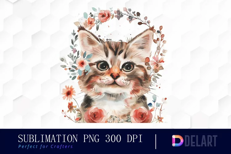 Floral Cat Sublimation PNG Clipart