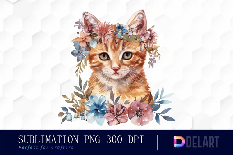 Floral Cat Illustration Clipart