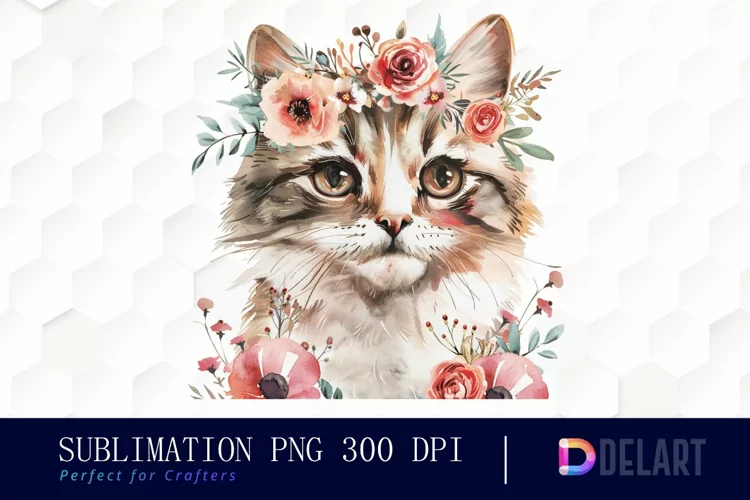 Floral Cat Sublimation PNG Clipart