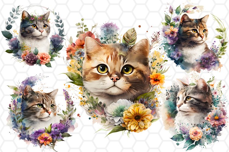 Watercolor Floral Cat Clipart Bundle, Sublimation designs