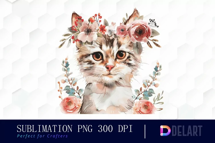 Floral Cat Sublimation PNG Clipart