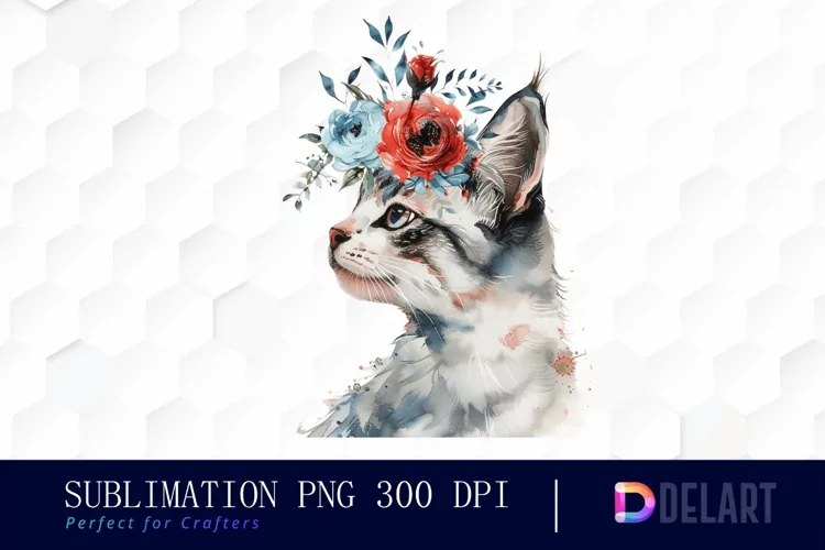 Floral Cat Sublimation PNG Clipart