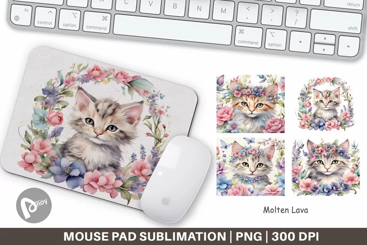 Mouse Pad Watercolor Floral Cat