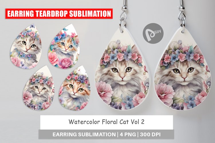 Earring Teardrop Watercolor Floral Cat