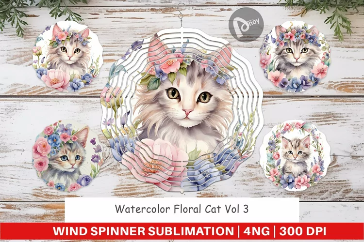 Wind Spinner Watercolor Floral Cat