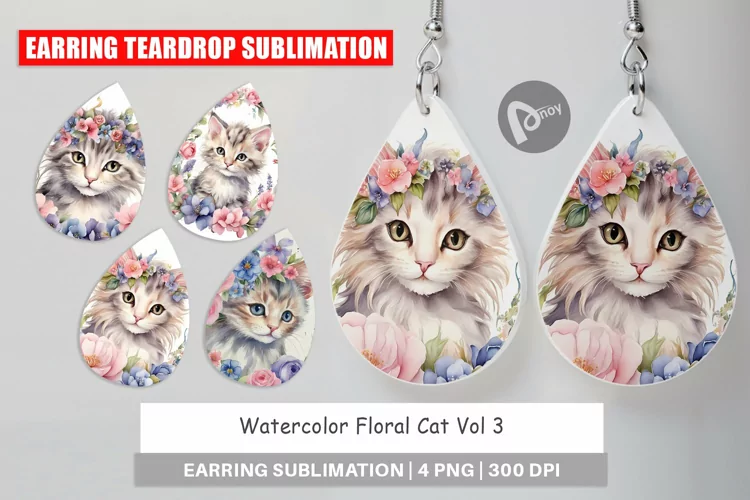 Earring Teardrop Watercolor Floral Cat