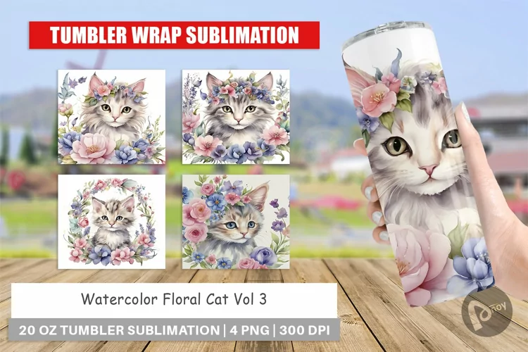 Tumbler Sublimation Watercolor Floral Cat