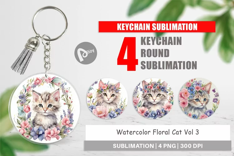Keychain Watercolor Floral Cat