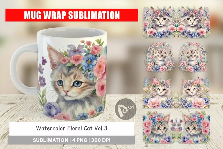 Mug Wrap Design Watercolor Floral Cat