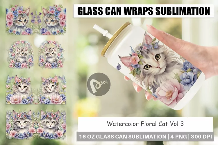 Glass Can Wraps Watercolor Floral Cat