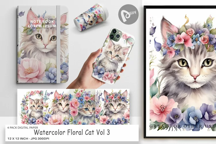 Digital Paper Watercolor Floral Cat