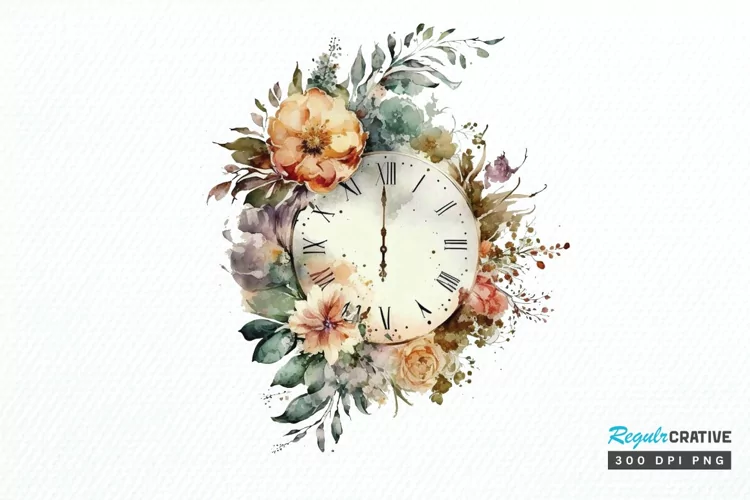 Watercolor Floral Clock PNG Clipart