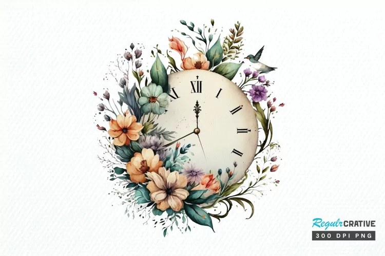 Watercolor Floral Clock PNG Clipart