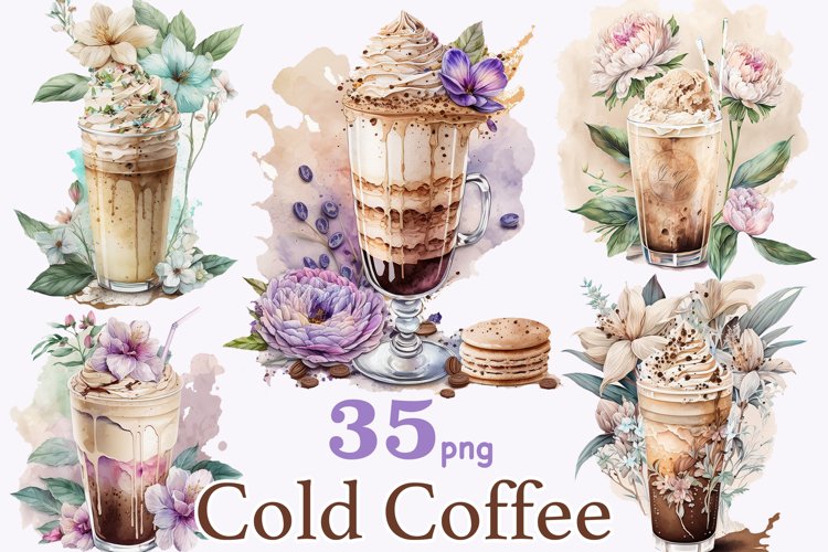 Watercolor clipart of cold coffee drinks. Cappuccino in a tall glass with flowers. Latte in a tall glass with cream and a blue flower. Appetizing macaron and purple flower. Cocoa in a tall glass with whipped cream topped with chocolate chips