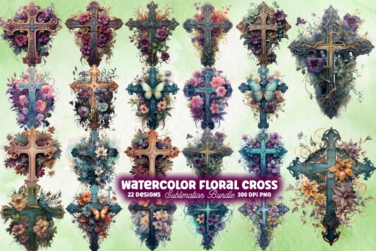 Watercolor Floral Cross Sublimation Bundle, Watercolor Flora