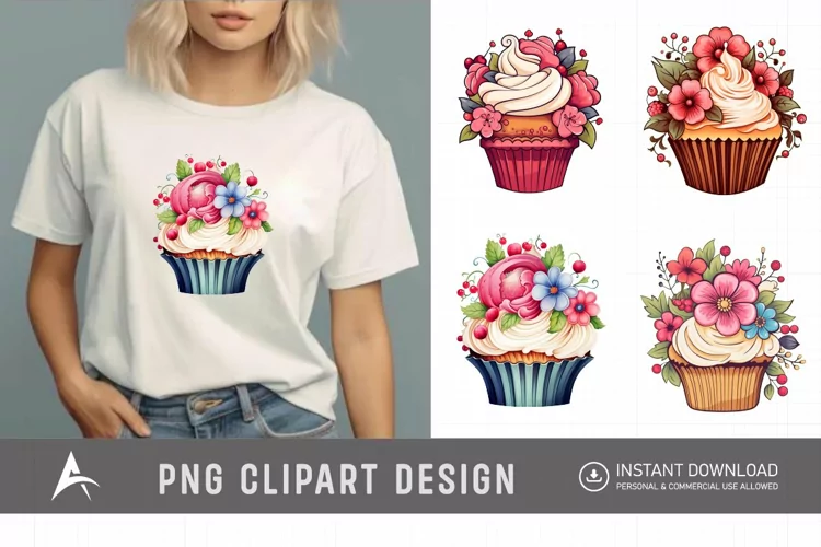 Watercolor Floral Cupcake Clipart