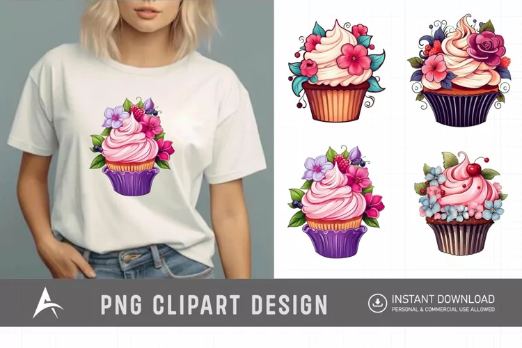 Watercolor Floral Cupcake Clipart