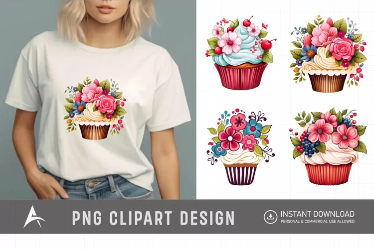 Watercolor Floral Cupcake Clipart