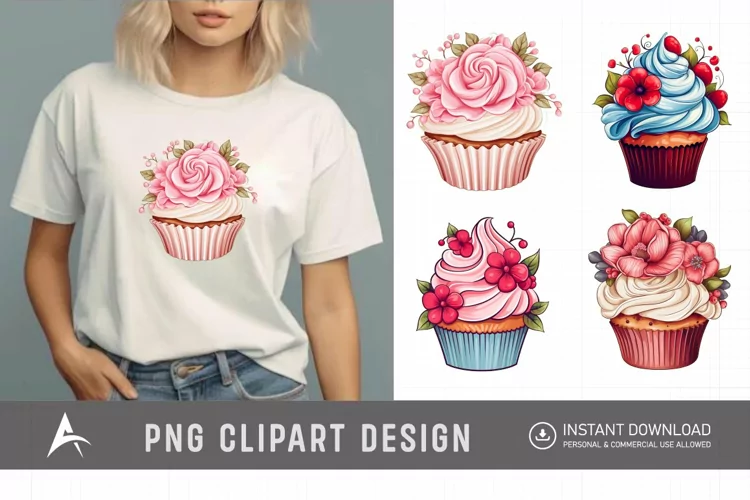 Watercolor Floral Cupcake Clipart