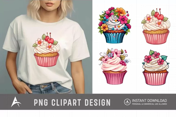 Watercolor Floral Cupcake Clipart