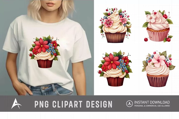 Watercolor Floral Cupcake Clipart