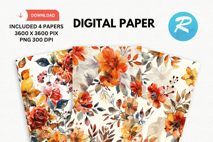 Watercolor Floral Digital Paper, Floral Background