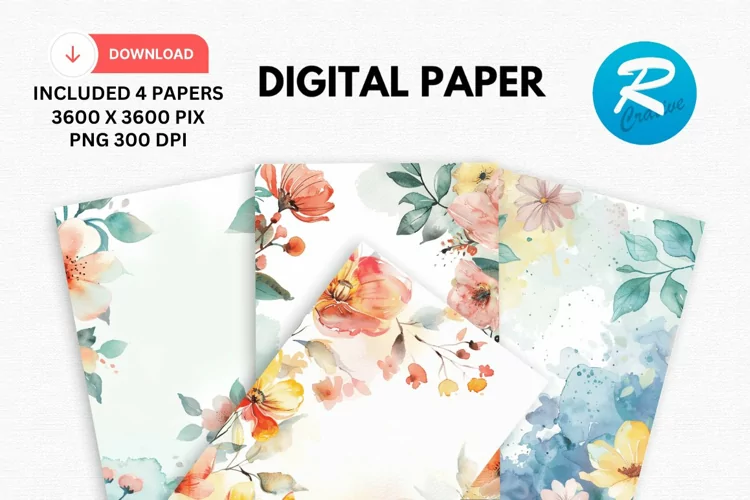 Watercolor Floral Digital Paper, Watercolor Background